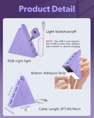 JoyReken 4-Port USB 3.0 Hub Tower with 2ft Cable - USB Splitter for Laptop,PC,PS4,PS5,Xbox,Mouse,Keyboard,Hard Drives,Mobile HDD(Light Purple) - Image 3