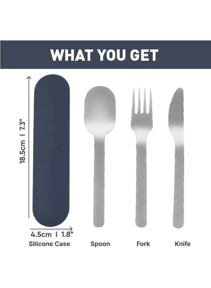 بيولا طقم أدوات مائدة من الفولاذ المقاوم للصدأ، طقم أدوات سفر مع حافظة من السيليكون من شوكة وملعقة وسكين للتخييم، طقم أدوات مائدة للمدرسة للأطفال من 4 قطع بلون أزرق بحري من بيولا - Image 3