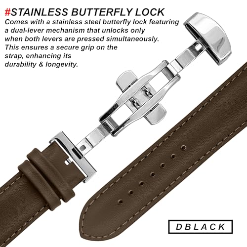 DBLACK ''NAGATA3'' Leather Watch Strap with Butterfly Lock, Minimalist Design Watch Belt // For 18mm, 20mm, 22mm, or 24mm Watch Band (Choose Your Size & Color) (Brown, 20mm / Silver) - Image 3