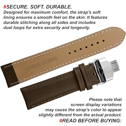 DBLACK ''NAGATA3'' Leather Watch Strap with Butterfly Lock, Minimalist Design Watch Belt // For 18mm, 20mm, 22mm, or 24mm Watch Band (Choose Your Size & Color) (Brown, 20mm / Silver) - Image 4