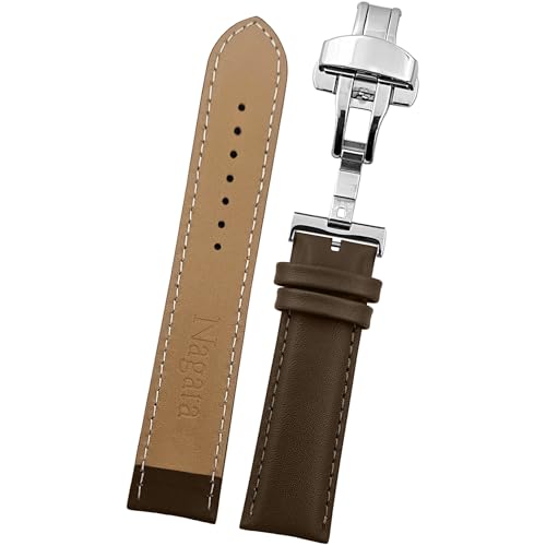 DBLACK ''NAGATA3'' Leather Watch Strap with Butterfly Lock, Minimalist Design Watch Belt // For 18mm, 20mm, 22mm, or 24mm Watch Band (Choose Your Size & Color) (Brown, 20mm / Silver) - Image 1