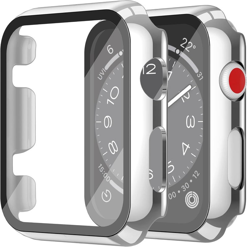 Misxi 2 Pack Hard PC Case with Tempered Glass Screen Protector Compatible with Apple Watch Series 2 Series 3 42mm, Anti-Drop Scratch Resistant Lightweight Cover for iWatch, 1 Silver + 1 Transparent - Image 1