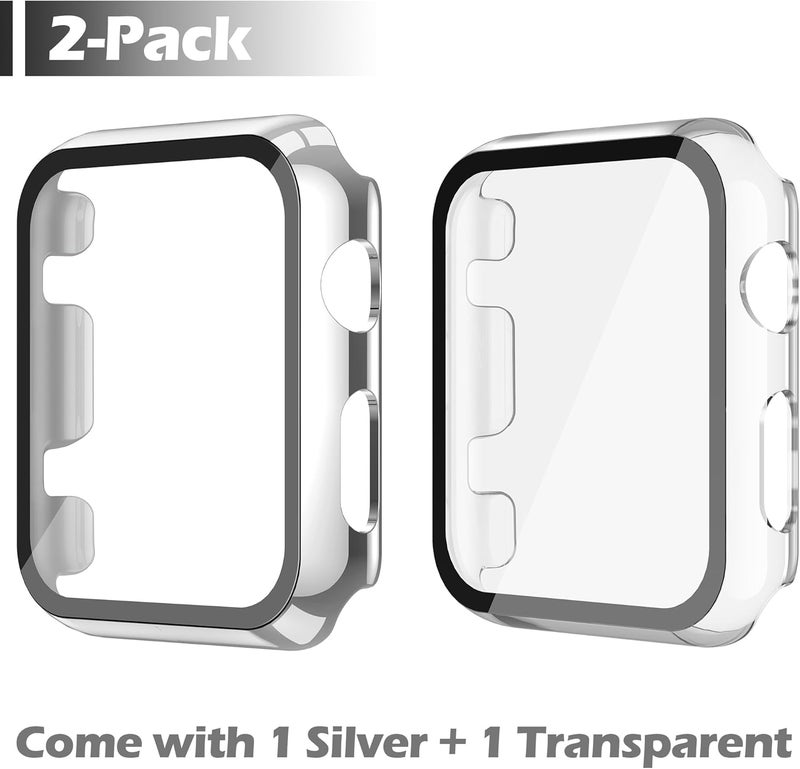 Misxi 2 Pack Hard PC Case with Tempered Glass Screen Protector Compatible with Apple Watch Series 2 Series 3 42mm, Anti-Drop Scratch Resistant Lightweight Cover for iWatch, 1 Silver + 1 Transparent - Image 2