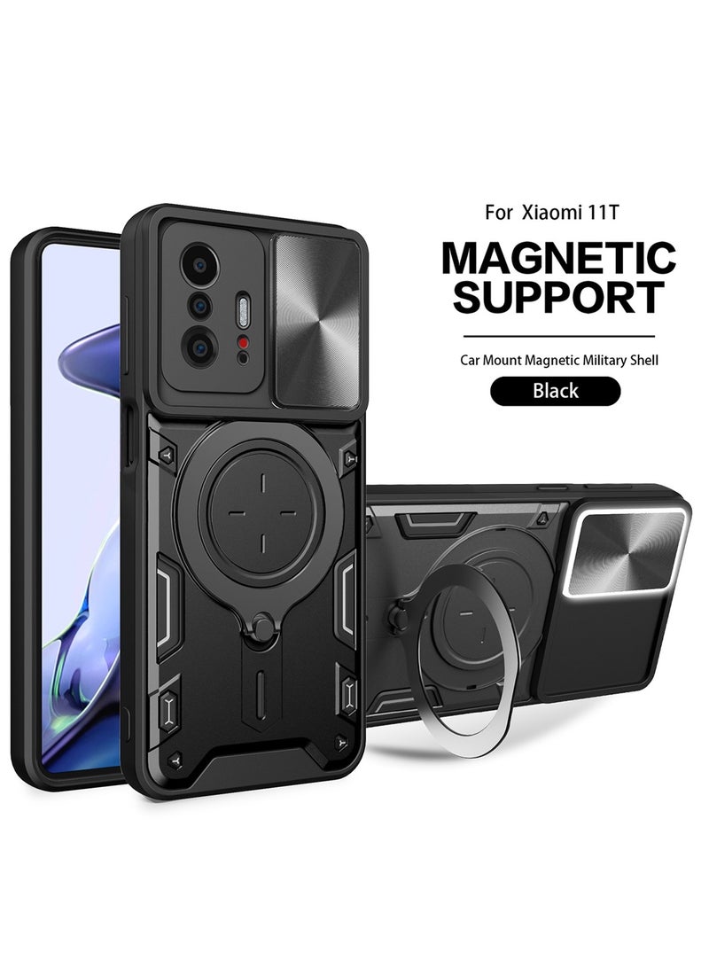 Xiaomi 11T 5G/ 11T PRO 5G Black Mobile Phone Case Cover, Slide Camera Lens Cover, 360°Rotating Kickstand Ring, Bumper Shockproof Phone Case，Compatible with Car Magnetic Mount