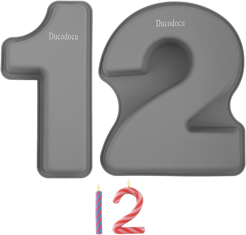 Ducodocu Silicone Number Cake Pan Large 3D Number Cake Mold Baking Forms Novel Cake Tins DIY Baking Mold for 2/20th Birthday Wedding Anniversary 10 inch Number of 1&2, 2 Pack - Image 1