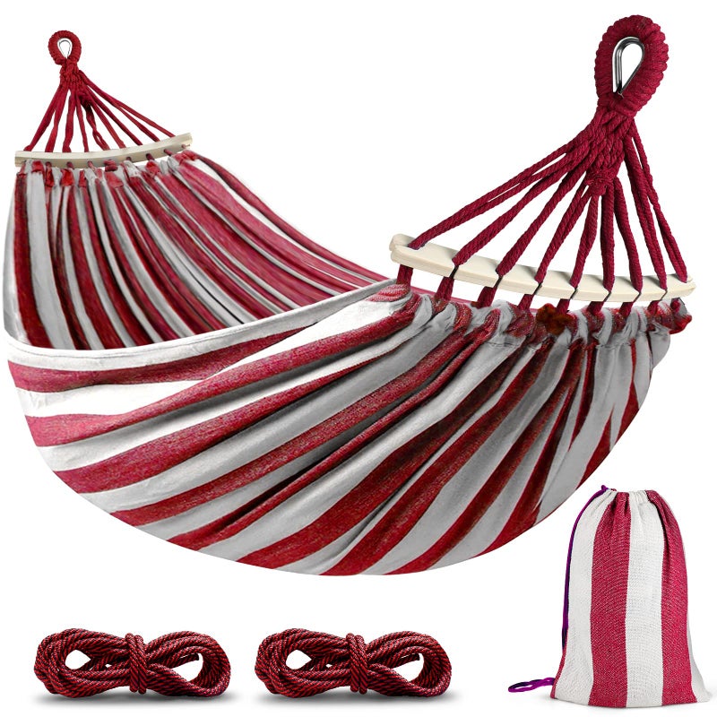 MOSFiATA Hammocks Portable Camping Hammock Upgraded 550lb Thickened Fabric Single Hammocks with Two Anti Roll Balance Beam and Tree Straps for Camping Patio Backyard OutdoorRed White