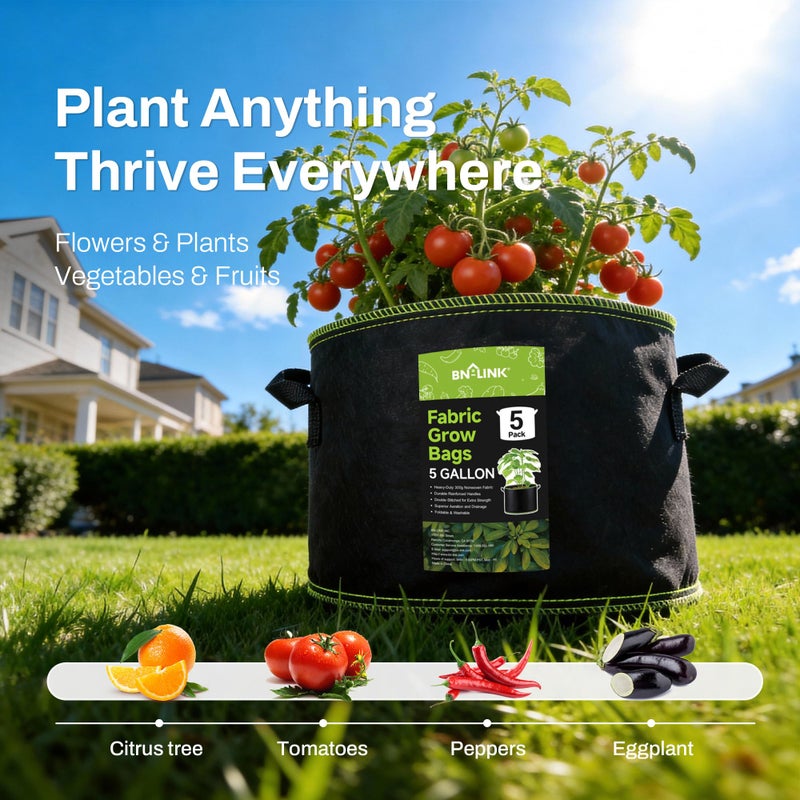 BN-LINK 5-Pack 5 Gallon Grow Bags, Heavy Duty Aeration Fabric Pots with Handles, Thickened Nonwoven Plant Bags for Vegetables, Flowers, Fruits - Image 3