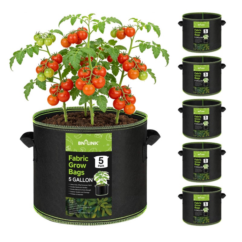 BN-LINK 5-Pack 5 Gallon Grow Bags, Heavy Duty Aeration Fabric Pots with Handles, Thickened Nonwoven Plant Bags for Vegetables, Flowers, Fruits - Image 1