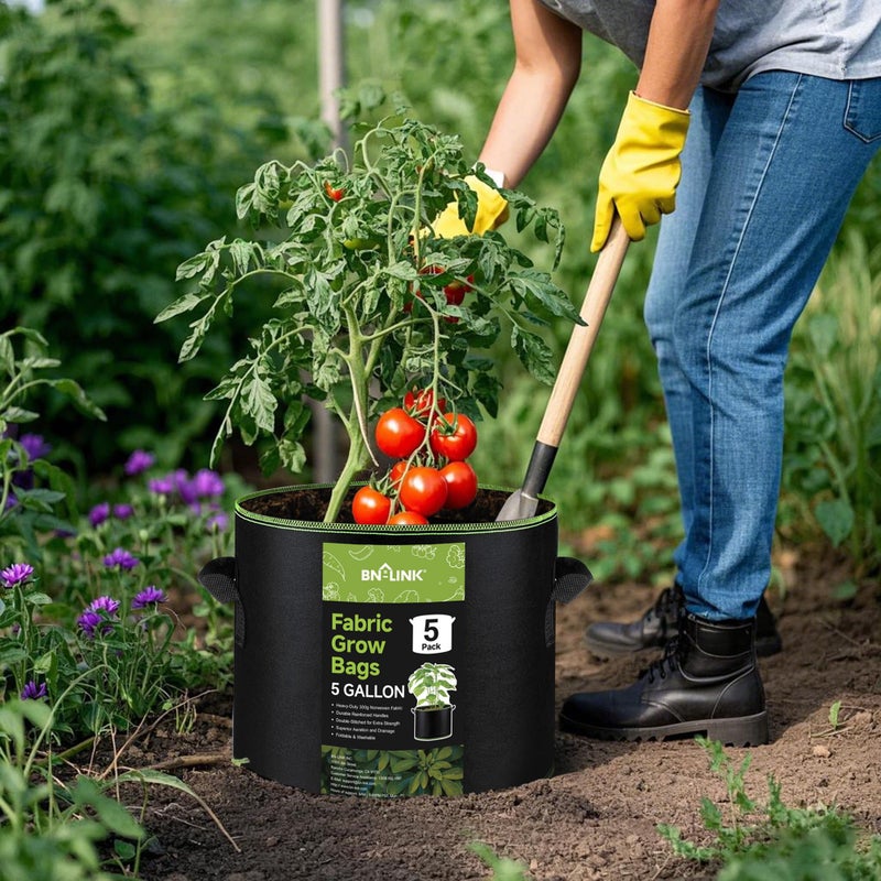BN-LINK 5-Pack 5 Gallon Grow Bags, Heavy Duty Aeration Fabric Pots with Handles, Thickened Nonwoven Plant Bags for Vegetables, Flowers, Fruits - Image 2