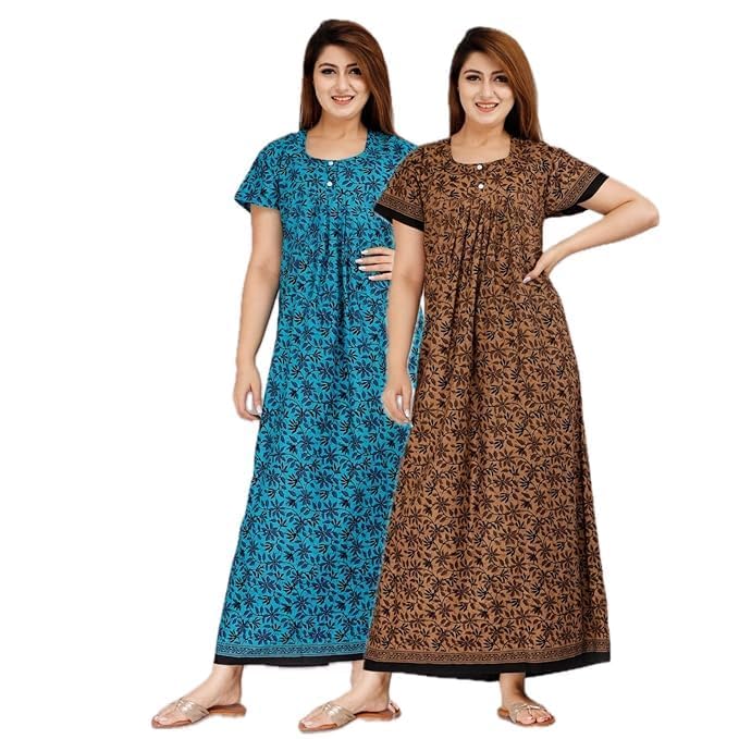 YUKATA Nighty for Women Cotton Printed Maxi Gown Ankle Length Nighty Night Dress Gown for Women Maxi - Free Size (Pack of 2) (Free Size, Blue&Brown) - Image 1