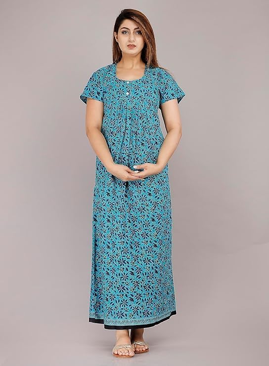 YUKATA Nighty for Women Cotton Printed Maxi Gown Ankle Length Nighty Night Dress Gown for Women Maxi - Free Size (Pack of 2) (Free Size, Blue&Brown) - Image 3