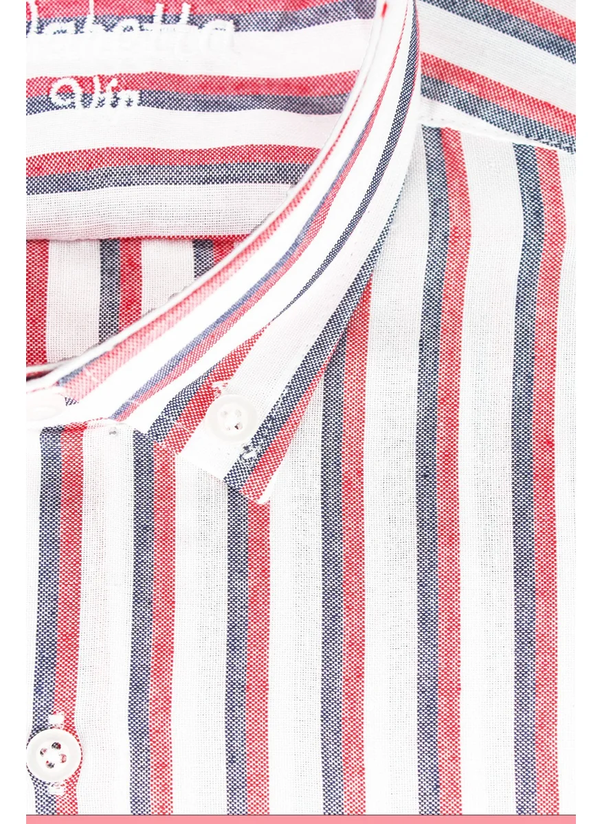 Varetta Men's Smoked-Red Striped Pattern Long Sleeve Button Down Collar Classic Cut Shirt