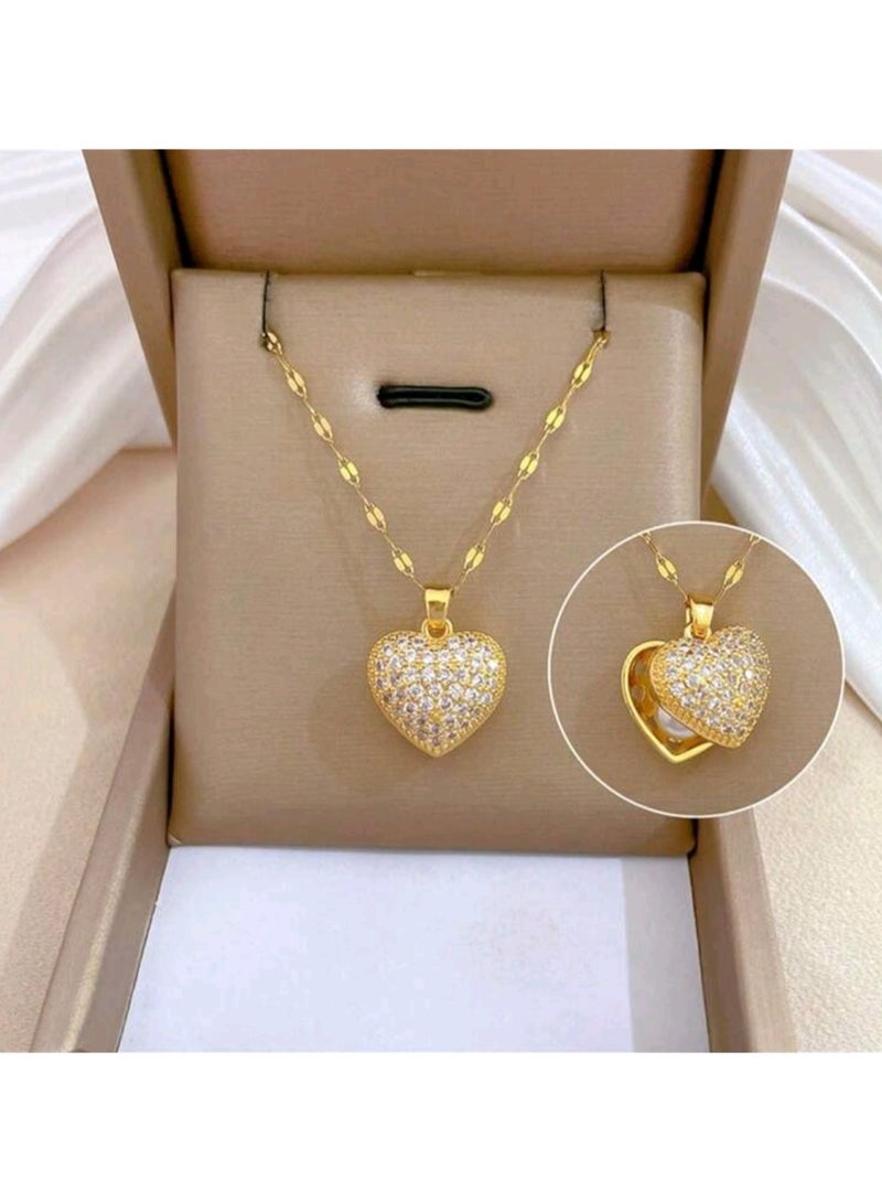 Royal Fashionable Copper Micro-Inlaid Cubic Zirconia Heart & Faux Pearl Shell Pendant Necklace, Anniversary Birthday Perfect Gifts, without Box - Image 1