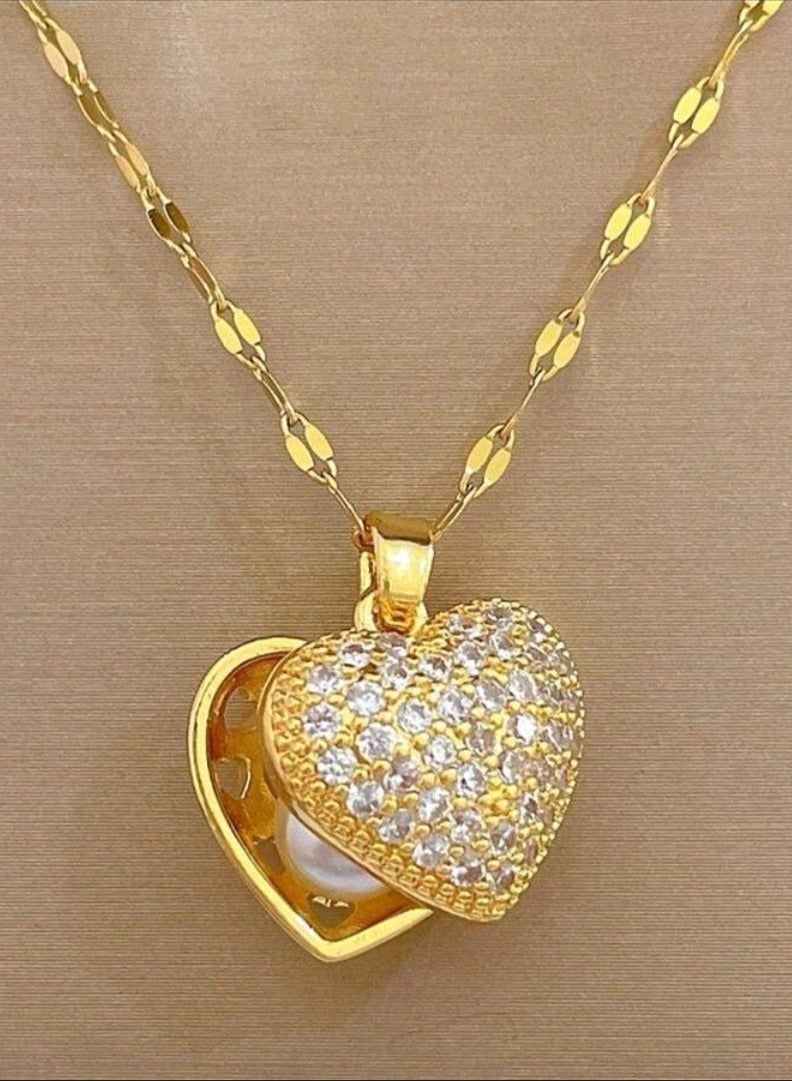 Royal Fashionable Copper Micro-Inlaid Cubic Zirconia Heart & Faux Pearl Shell Pendant Necklace, Anniversary Birthday Perfect Gifts, without Box - Image 2