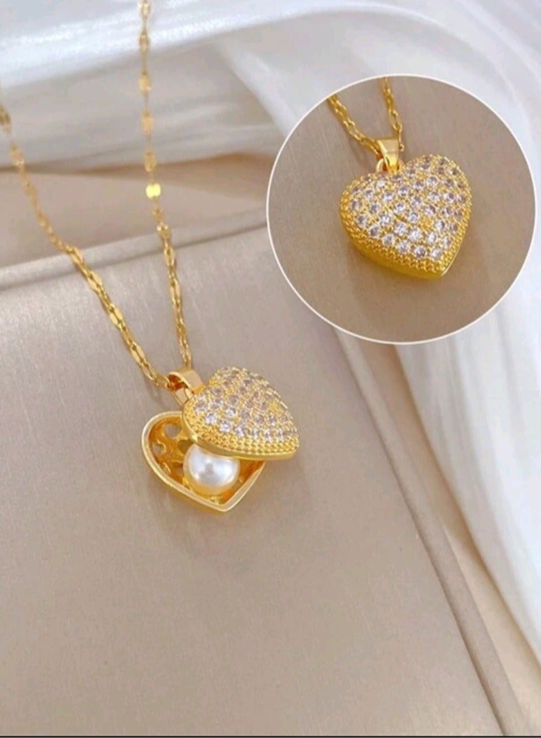 Royal Fashionable Copper Micro-Inlaid Cubic Zirconia Heart & Faux Pearl Shell Pendant Necklace, Anniversary Birthday Perfect Gifts, without Box - Image 3