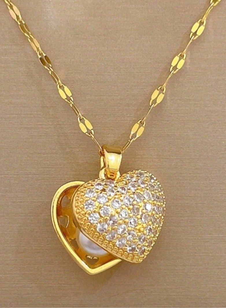 Royal Fashionable Copper Micro-Inlaid Cubic Zirconia Heart & Faux Pearl Shell Pendant Necklace, Anniversary Birthday Perfect Gifts, without Box - Image 5