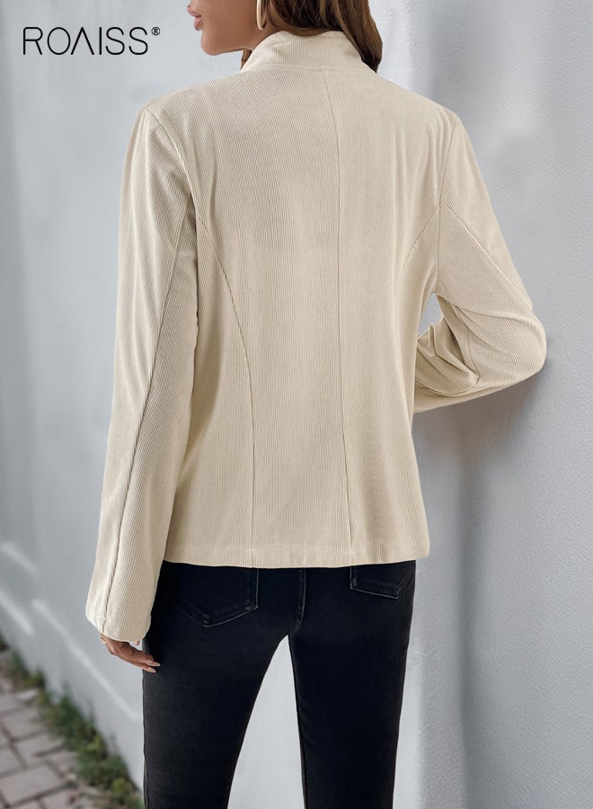 رويس جاكيت نسائي قصير، جاكيت من قماش مخملي بياقة واقفة، جاكيت قميص قصير الطول بقصة ضيقة وأزرار، جاكيت كاجوال كبير الحجم بأكمام طويلة، لون مشمشي - Image 2