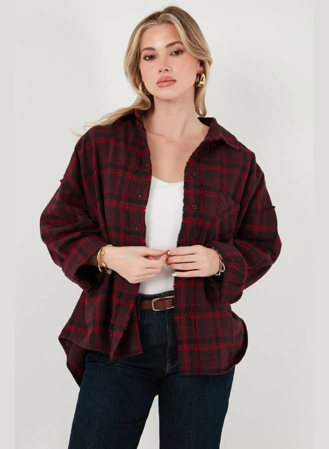 ليلا قميص نسائي قطني كاروهات بقصة واسعة وياقة كلاسيكية