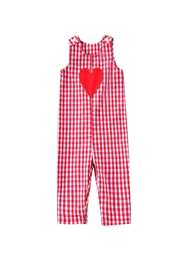 Thilsidee Toddler Baby Boys Girls Valentines Outfit Heart Overalls Romper Plaid One Piece Strap Jumpsuit Holiday Clothes (A-Red, 2-3T) - Image 1