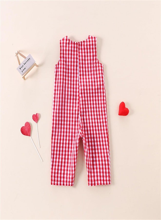 Thilsidee Toddler Baby Boys Girls Valentines Outfit Heart Overalls Romper Plaid One Piece Strap Jumpsuit Holiday Clothes (A-Red, 2-3T) - Image 3