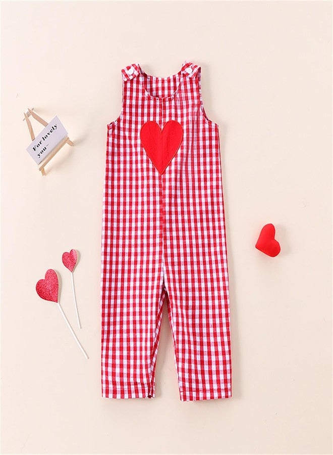 Thilsidee Toddler Baby Boys Girls Valentines Outfit Heart Overalls Romper Plaid One Piece Strap Jumpsuit Holiday Clothes (A-Red, 2-3T) - Image 2