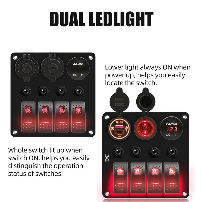 FXC Waterproof Marine Boat Rocker Switch Panel 4 Gang with QC3.0 USB & Type-C Slot Socket + Cigarette Lighter +LED Voltmeter with Overload Protection for Car Rv Vehicles Truck (4 Gang Red LED) - Image 3