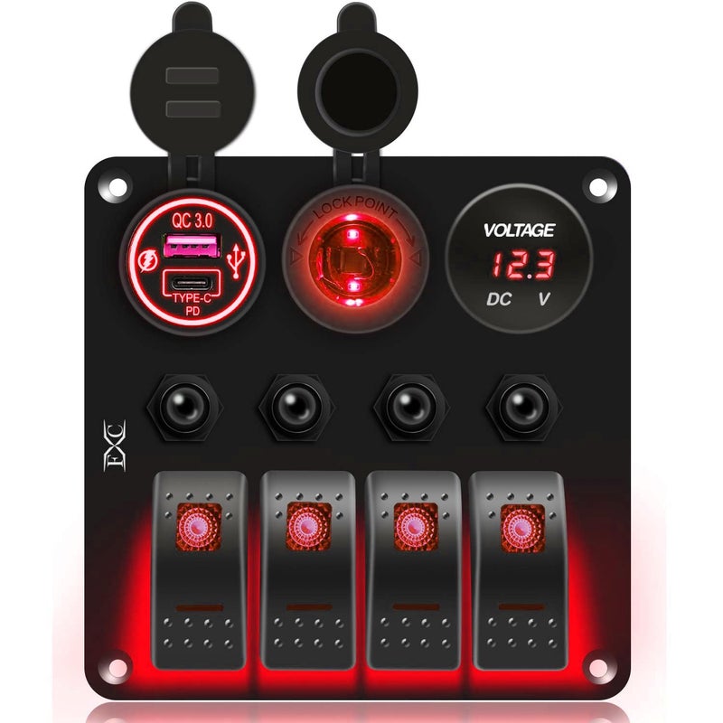 FXC Waterproof Marine Boat Rocker Switch Panel 4 Gang with QC3.0 USB & Type-C Slot Socket + Cigarette Lighter +LED Voltmeter with Overload Protection for Car Rv Vehicles Truck (4 Gang Red LED) - Image 1