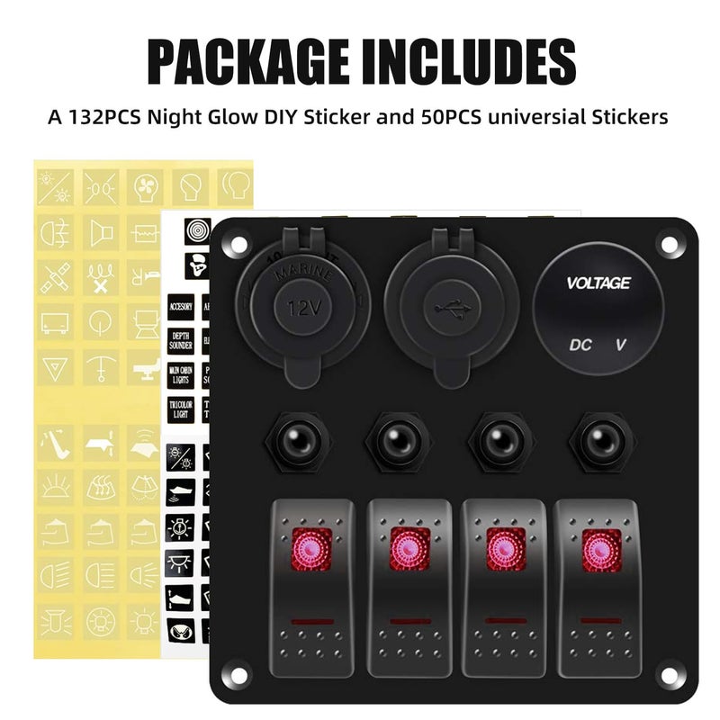 FXC Waterproof Marine Boat Rocker Switch Panel 4 Gang with QC3.0 USB & Type-C Slot Socket + Cigarette Lighter +LED Voltmeter with Overload Protection for Car Rv Vehicles Truck (4 Gang Red LED) - Image 4