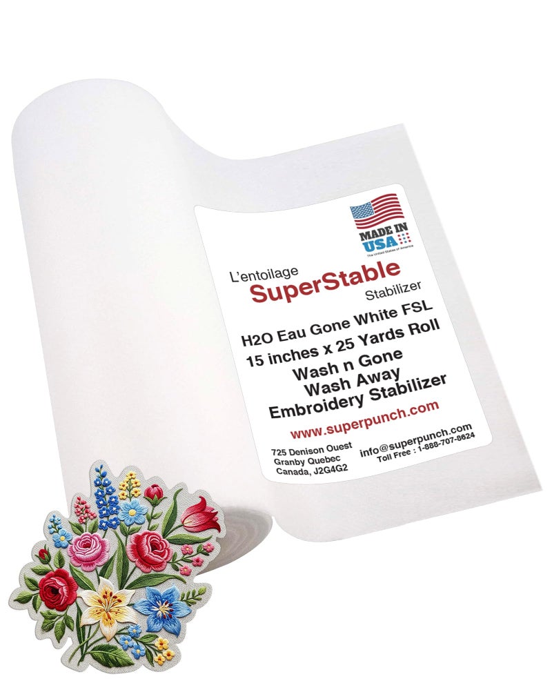 Superpunch Wash Away Stabilizer SuperStable H2O Eau Gone White FSL 15 inch x 25 Yard Roll Machine Embroidery Stabilizer Backing Wash n Gone Wash Away for Free Standing Lace Made in USA