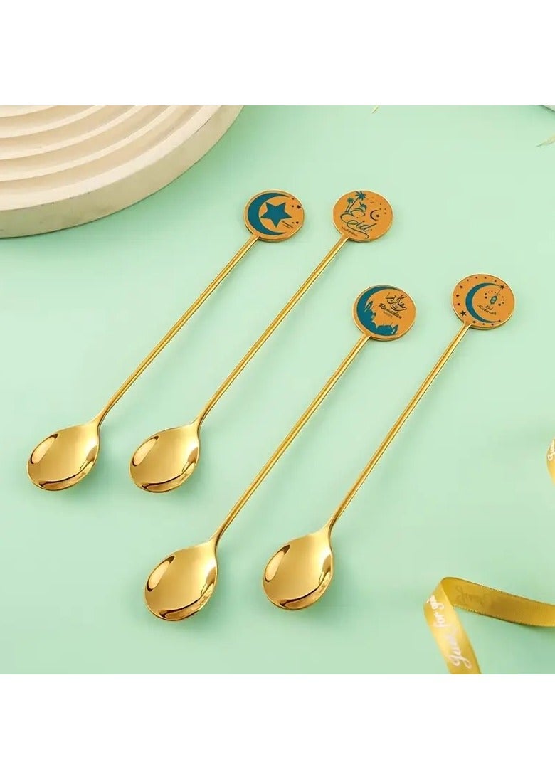 Home Care 4pcs Set Stainless Steel Dessert Spoons - Camel, Star, Moon, Lighthouse Designs - Golden Finish, Ideal for Cake, Coffee, Ice Cream - Gift Box Included, Coffee Tableware|Whimsical Spoon Designs|Polished Golden Finish, Dessert Table Display Set 2.2X16 cm - Image 1