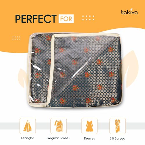 TAKIVA Cotton Clothes Storage Bags (Pack Of 4)| Cotton Canvas bags | Lehenga Storage Bags Big Size For Women's Dresses, Sarees, Lehengas | Durable Material,Washable & Reusable (Off White) - Image 3