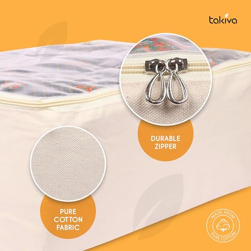TAKIVA Cotton Clothes Storage Bags (Pack Of 4)| Cotton Canvas bags | Lehenga Storage Bags Big Size For Women's Dresses, Sarees, Lehengas | Durable Material,Washable & Reusable (Off White) - Image 4
