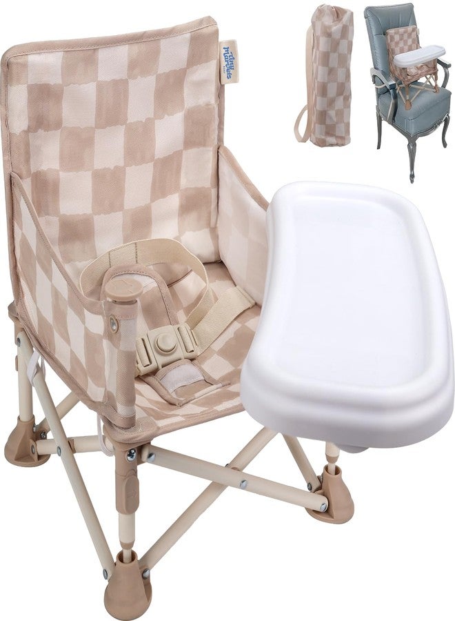 Tiny Marvels Portable 3-in-1 Baby Chair, Cozy Booster Seat, Baby Seat with Tray, Compact Foldable, Toddler Chair with Child Safety Belt Carry Bag, Perfect for Travel (Sand Checker) - Image 1