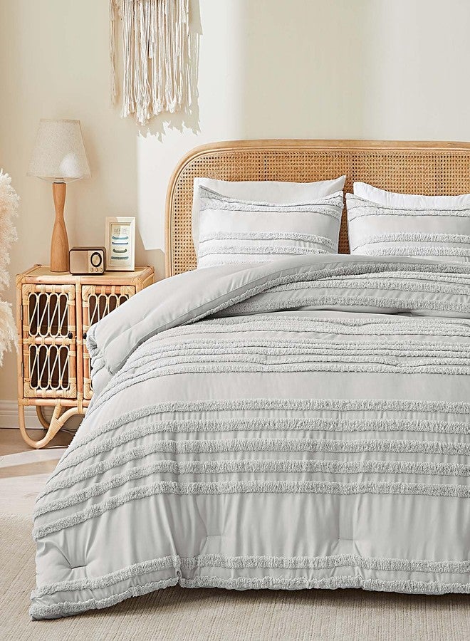 BEDELITE Boho Comforter Set Queen Size, Light Grey Tufted Striped Bed Set 3 Pieces, Soft Vintage Farmhouse Comforter for All Seasons, Boho Home Decor,Fluffy Jacquard Bedding with 2 Pillow Shams - Image 2