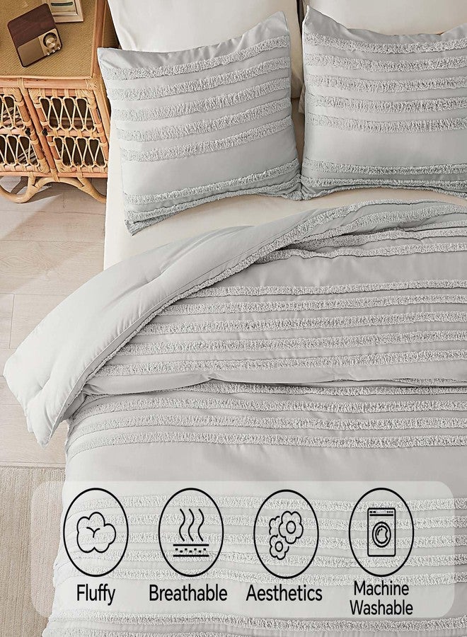 BEDELITE Boho Comforter Set Queen Size, Light Grey Tufted Striped Bed Set 3 Pieces, Soft Vintage Farmhouse Comforter for All Seasons, Boho Home Decor,Fluffy Jacquard Bedding with 2 Pillow Shams - Image 5