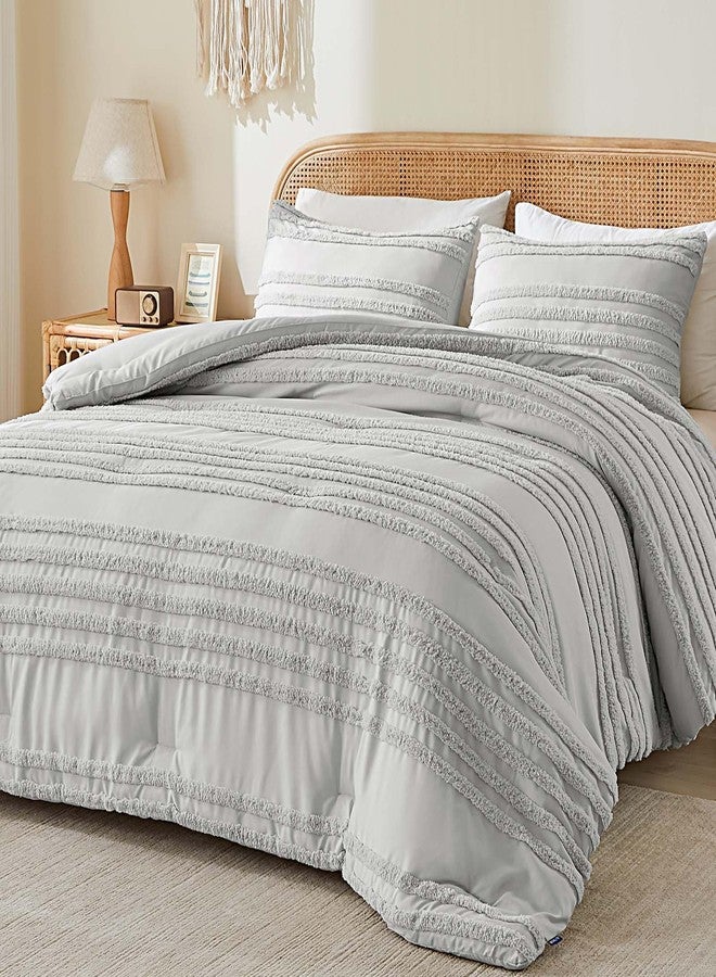 BEDELITE Boho Comforter Set Queen Size, Light Grey Tufted Striped Bed Set 3 Pieces, Soft Vintage Farmhouse Comforter for All Seasons, Boho Home Decor,Fluffy Jacquard Bedding with 2 Pillow Shams - Image 1