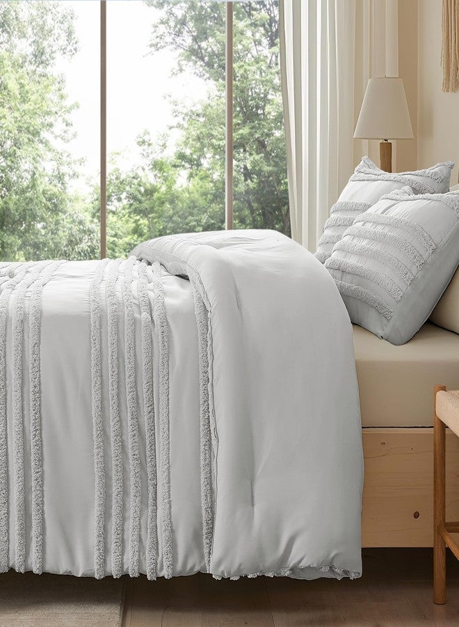 BEDELITE Boho Comforter Set Queen Size, Light Grey Tufted Striped Bed Set 3 Pieces, Soft Vintage Farmhouse Comforter for All Seasons, Boho Home Decor,Fluffy Jacquard Bedding with 2 Pillow Shams - Image 3