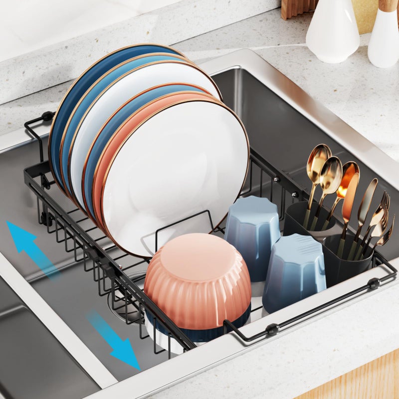 iSPECLE Expandable Dish Drying Rack for Kitchen Sink - Heavy Duty Adjustable Over The Sink Dish Drainer with Square Corners, Rust Resistant with Lock Knob, Fit for Modern Single & Double Sinks, Black - Image 1