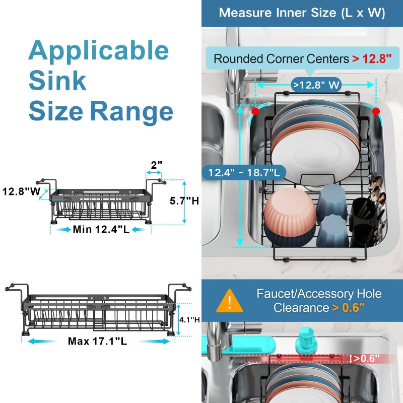 iSPECLE Expandable Dish Drying Rack for Kitchen Sink - Heavy Duty Adjustable Over The Sink Dish Drainer with Square Corners, Rust Resistant with Lock Knob, Fit for Modern Single & Double Sinks, Black - Image 3