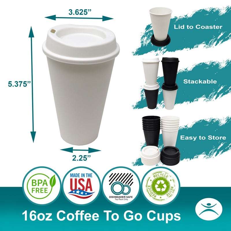 Rolling Sands USA Made 16 oz Reusable Coffee Cups with Lids 6 Pk  To Go Travel Cups  Hot or Cold Drinks  Dishwasher and Microwave Safe  White - Image 2