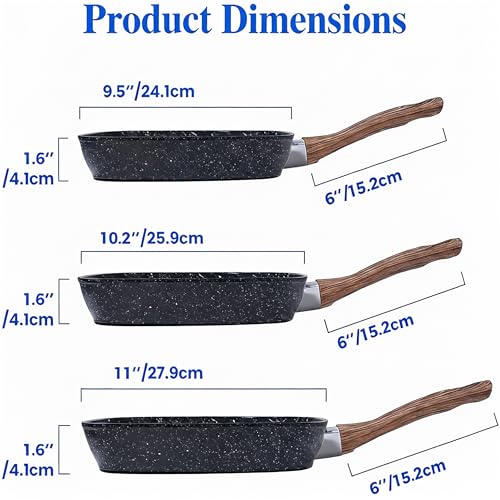 Simple Deluxe 3 Pieces Nonstick Grill Pan Set, Square Versatile Griddle Pans with Wooden Handle, Durable Skillet Indoor & Outdoor Use, All Stovetops Compatible(9.5", 10.2", 11"), PFOA Free, Black - Image 4