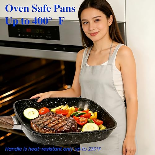 Simple Deluxe 3 Pieces Nonstick Grill Pan Set, Square Versatile Griddle Pans with Wooden Handle, Durable Skillet Indoor & Outdoor Use, All Stovetops Compatible(9.5", 10.2", 11"), PFOA Free, Black - Image 2