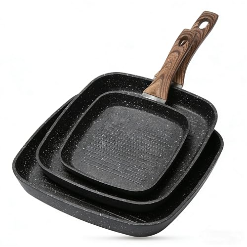 Simple Deluxe 3 Pieces Nonstick Grill Pan Set, Square Versatile Griddle Pans with Wooden Handle, Durable Skillet Indoor & Outdoor Use, All Stovetops Compatible(9.5", 10.2", 11"), PFOA Free, Black - Image 1