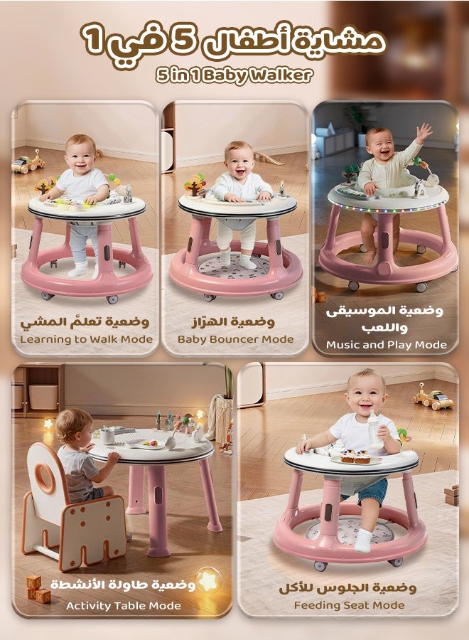 Aurlar 5 in 1 Baby Walker, Push Walker with 360° Swivel Seat, Music & Light Toys, Activity Table & Feeding Mode, Baby Standing Support for 6–18 Months (Pink) - Image 2