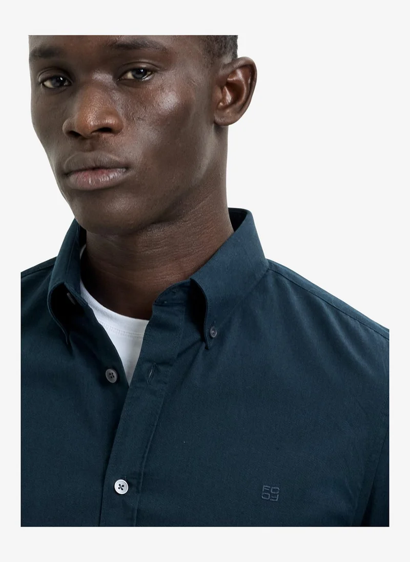 French Connection Men's Long Sleeve Twill Navy Blue Oxford Shirt