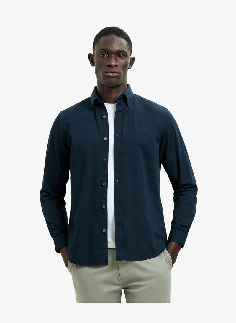 French Connection Men's Long Sleeve Twill Navy Blue Oxford Shirt