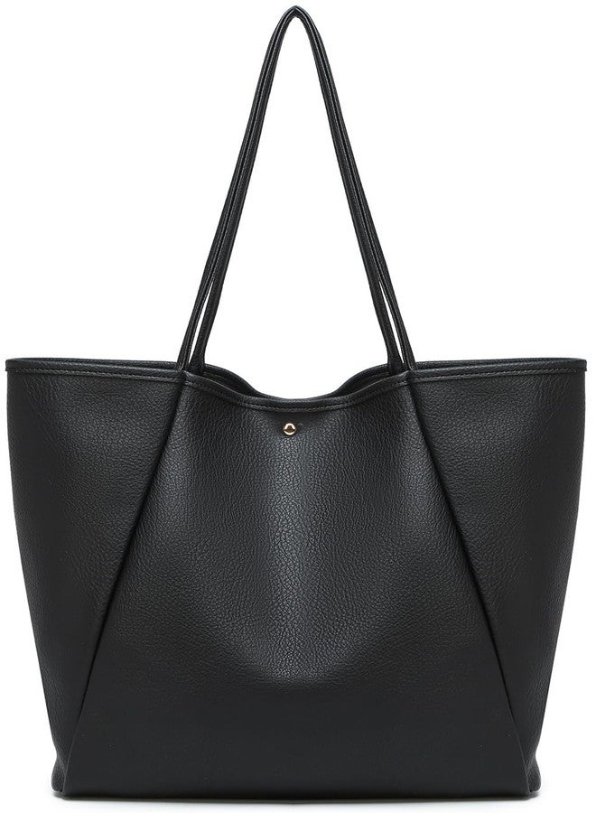 Dreubea Large Leather Tote Bag for Women - Big Work Bag, Spacious Minimalist Handbag, Tote Handbag for Office, Black, Tote Bag - Image 1