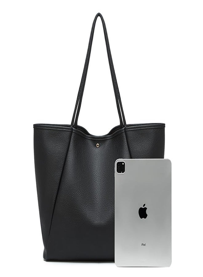 Dreubea Large Leather Tote Bag for Women - Big Work Bag, Spacious Minimalist Handbag, Tote Handbag for Office, Black, Tote Bag - Image 2
