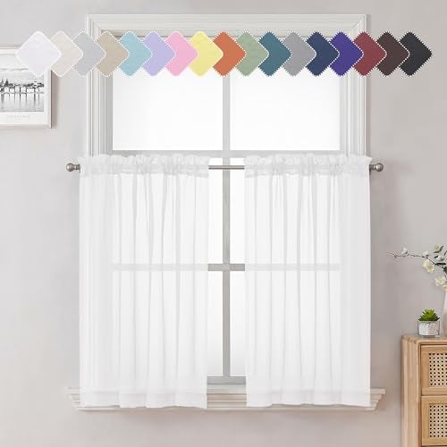 Lecloud 36 Inch White Sheer Curtains Tiers 2 PCS with Dual Rod Pockets, Airy & Breathable Half Small Curtain for Bedroom Living Room Kitchen, Voile Sheer Tiers Cafe Cupboard Decor, 40X36 Inches - Image 1