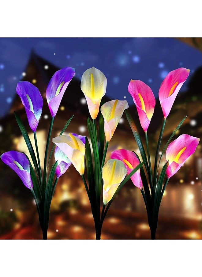 erorex Solar Garden Stake Lights Upgraded 3 Pack Outdoor Waterproof Solar Powered Lights With 12 Calla Lily Flowers 7 Colors Changing Led Solar Lights For Garden Patio Backyard Purple And White  - Image 1
